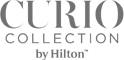 The image shows the logo for "Curio Collection by Hilton," featuring stylized text in a gray color.